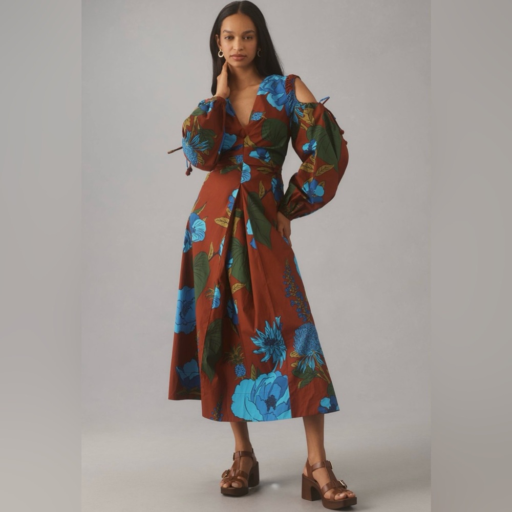 FARM Rio x Anthropologie long sleeve v-neck midi dress